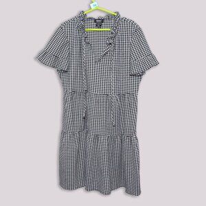 DKNY Black Gingham Checkered Pattern V Neck, Tiered Ruffle Dress